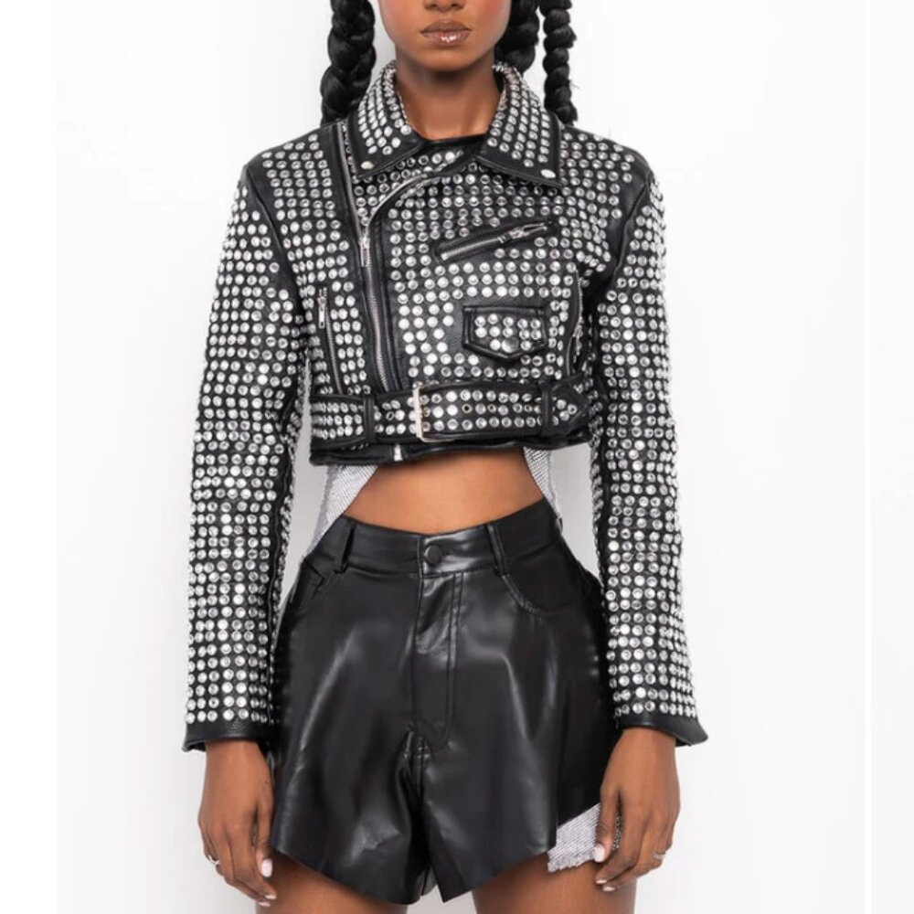 Callie Lives Xena 3006 Black AZALEA WANG 3000 Rhinestone Studded Moto Jacket ML - Picture 9 of 14